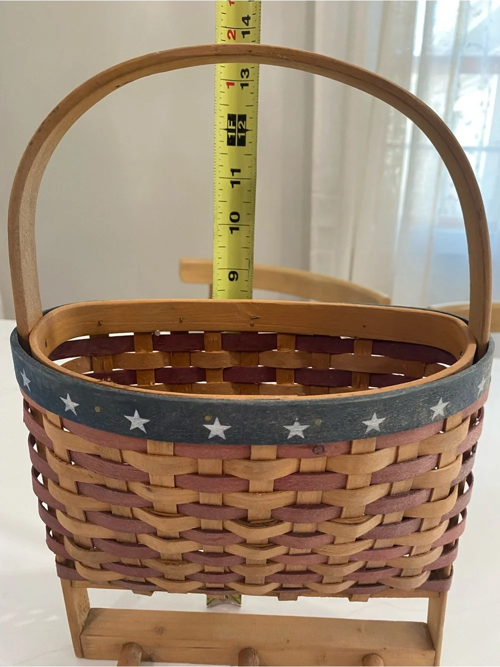 Patriotic Woven Hanging Basket with Hooks - Red and Natural